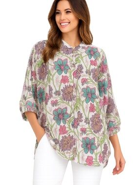 Madison Mathews Floral Tunic Blouse Women’s XS Boho Pink Blue India